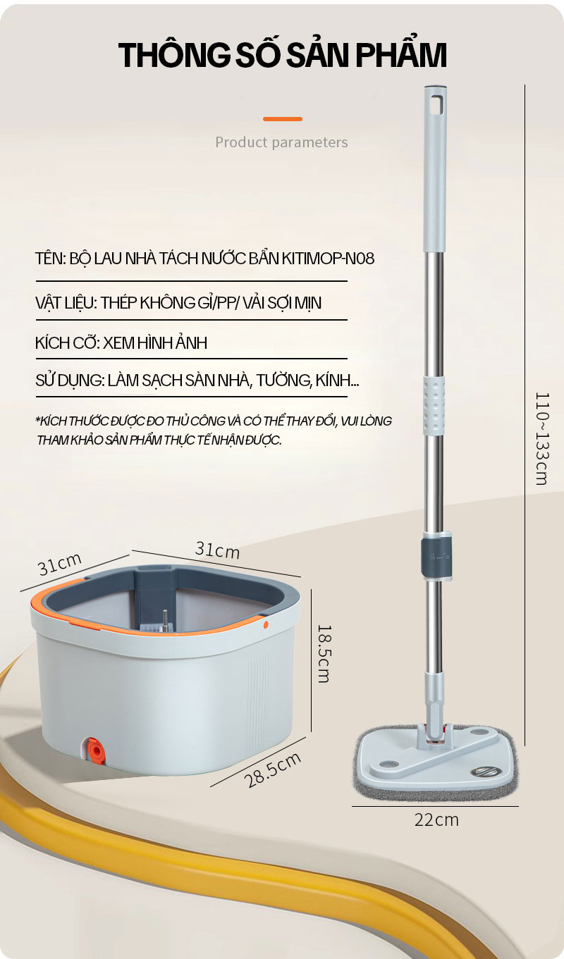 Bộ Cây Lau Nhà Tách Nước Bẩn KITIMOP N08 PRO, Thùng Lau Nhà Tự Vắt Thông Minh, Chổi Lau Nhà 360 Độ, Lau Sàn Làm Sạch