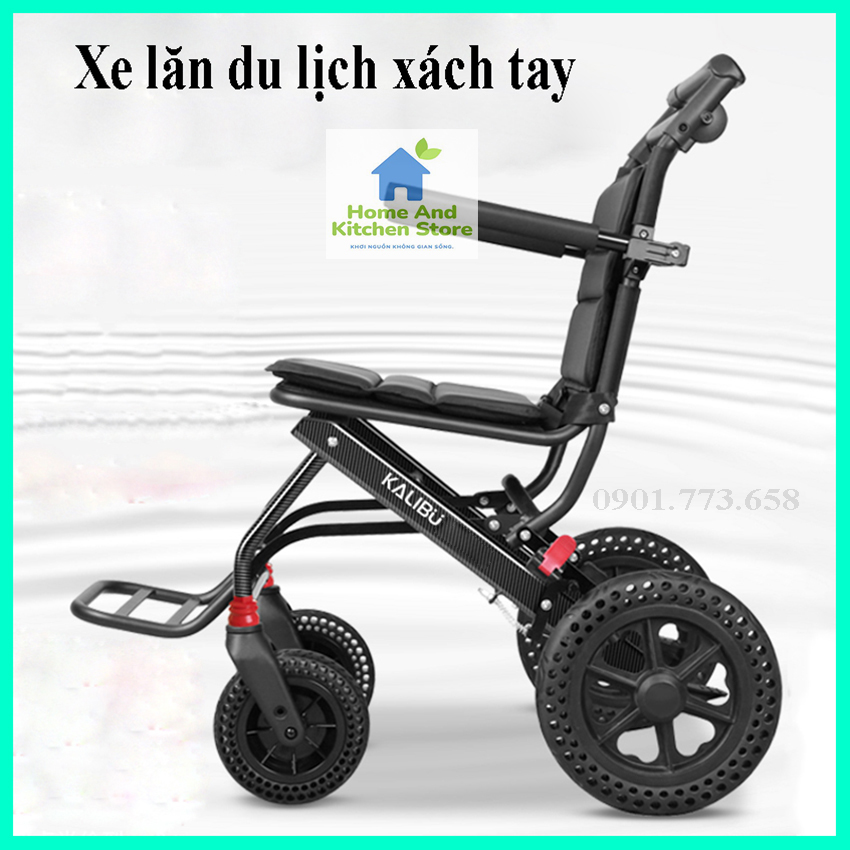 Xe đẩy người già gấp gọn, Xe lăn gấp gọn KALIBU - xe lăn du lịch gấp gọn xách tay siêu nhẹ phù hợp cho người già, người khuyết tật, người bị tai biến