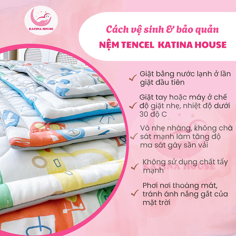 Nệm cho bé đi học tiểu học, trung học Katina House, vải tencel mềm mịn mát, nệm chống thấm