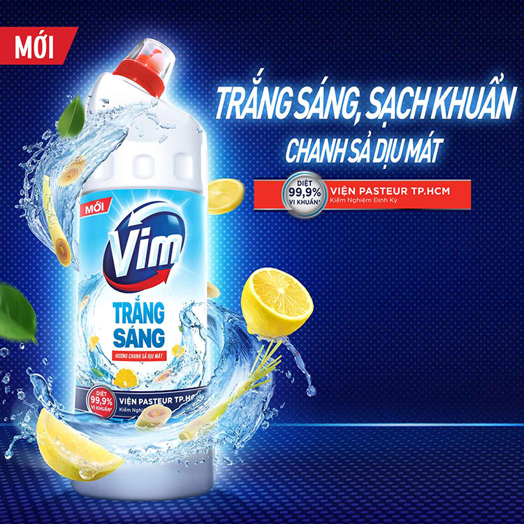 Combo Vim Trắng Sáng Hương Chanh Sả Dịu Mát 880ml và Viên Treo Vệ Sinh Bồn Cầu Vim Power 5 Hương Chanh 55g