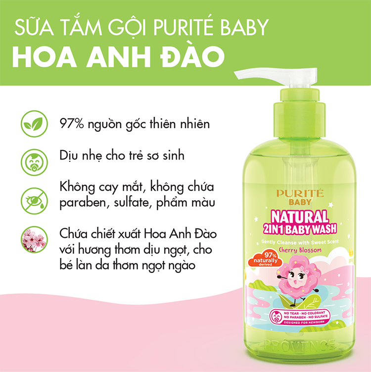 Sữa Tắm Gội Purité Baby Hoa Anh Đào Natural 2in1 Baby Wash Cherry Blossom (500ml)