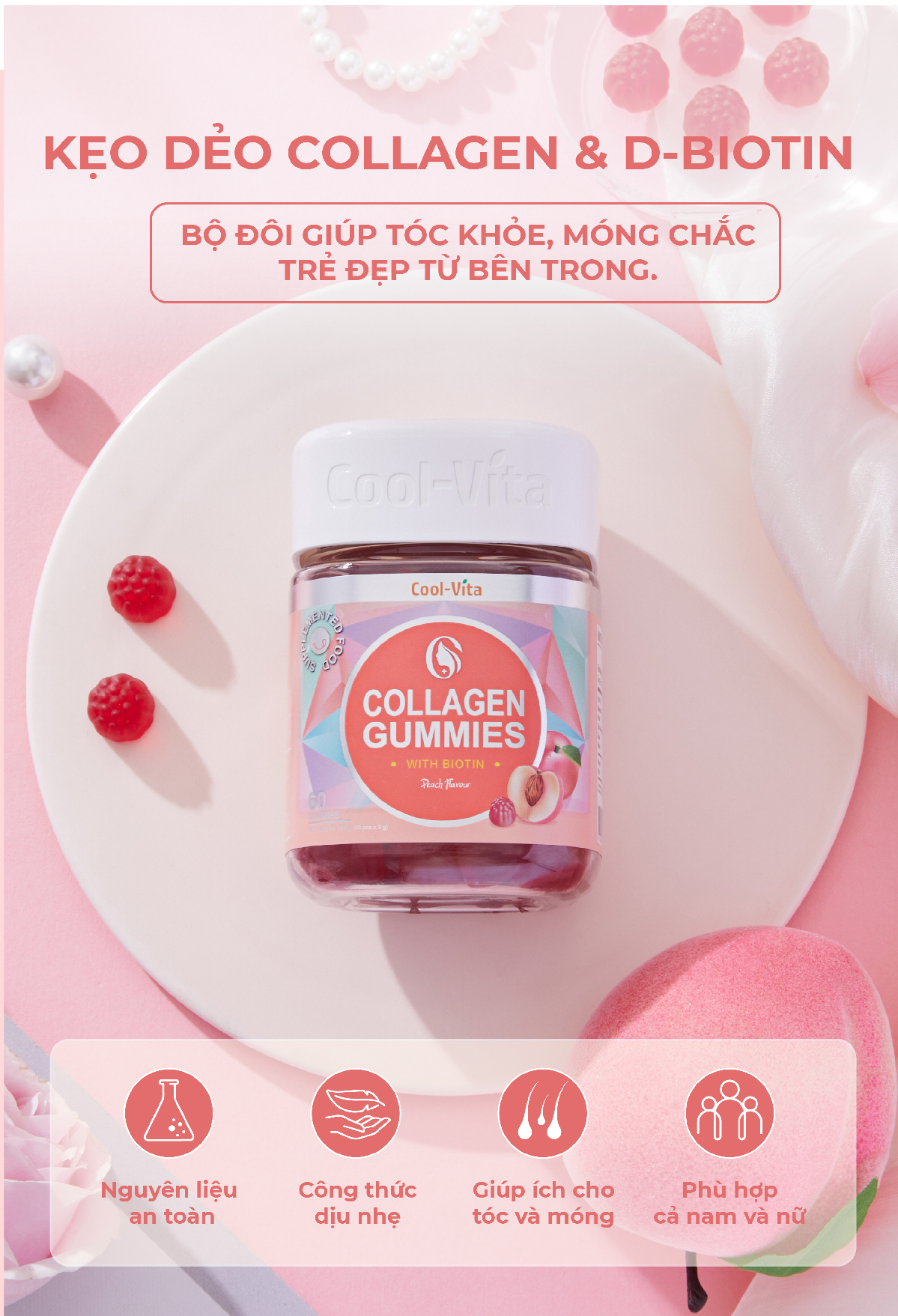 Combo 3 Hộp Kẹo Dẻo Collagen Hỗ Trợ Trẻ Hóa Sáng Da - Cải Thiện Sức Khỏe Tóc Móng Vị Đào Kết Hợp Biotin, Vitamin C & Vitamin E Coolvita (60 viên x 3g)/hộp