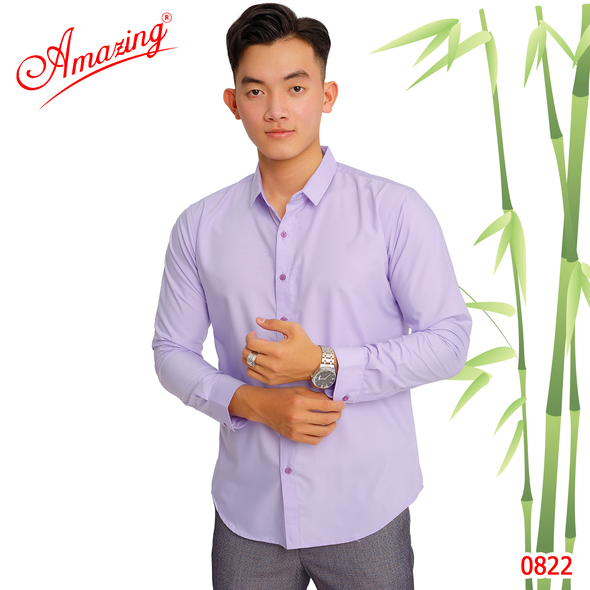 Áo sơ mi nam form body slim fit,  phong cách Hàn, không túi, vải Bamboo màu trơn, hiệu Amazing