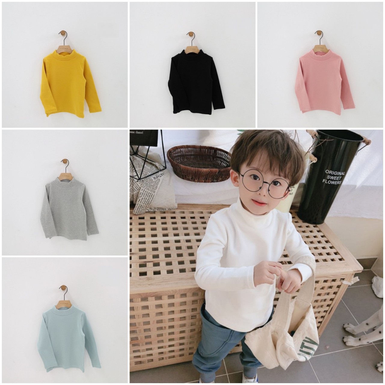 Áo giữ nhiệt cho bé 7-14 tuổi cao cổ vải cotton len dày dặn, Áo thun dài tay bé trai và bé gái chất liệu cao cấp