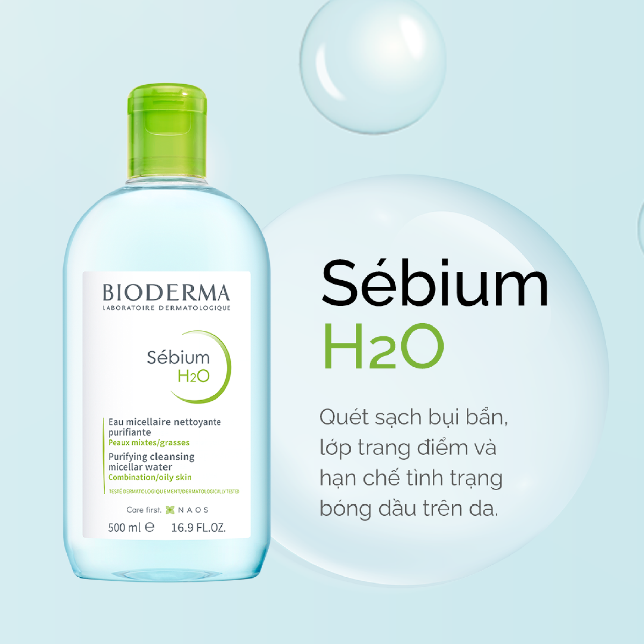 Nước tẩy trang cho da dầu mụn Bioderma xanh Sébium H2O