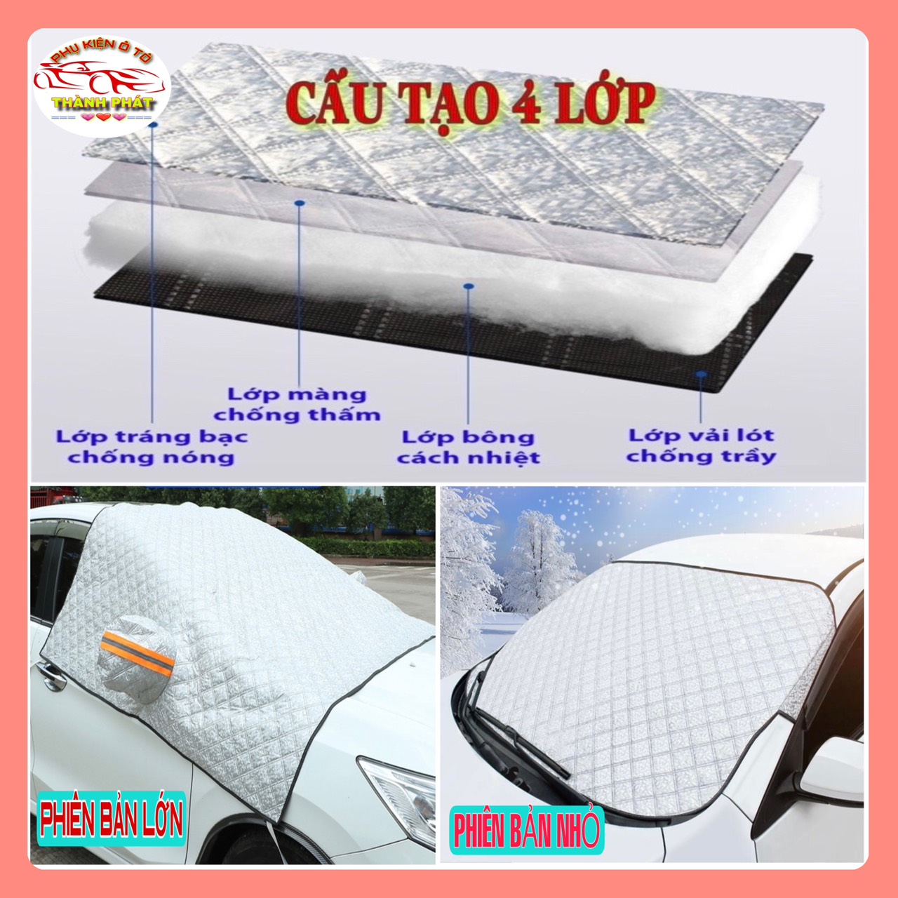 Tấm Bạt Che Nắng Kính Lái Ô Tô, Xe Hơi  Tráng Bạc 4 Lớp Chống Nóng Cách Nhiệt Tránh Tia UV Bảo vệ Xe