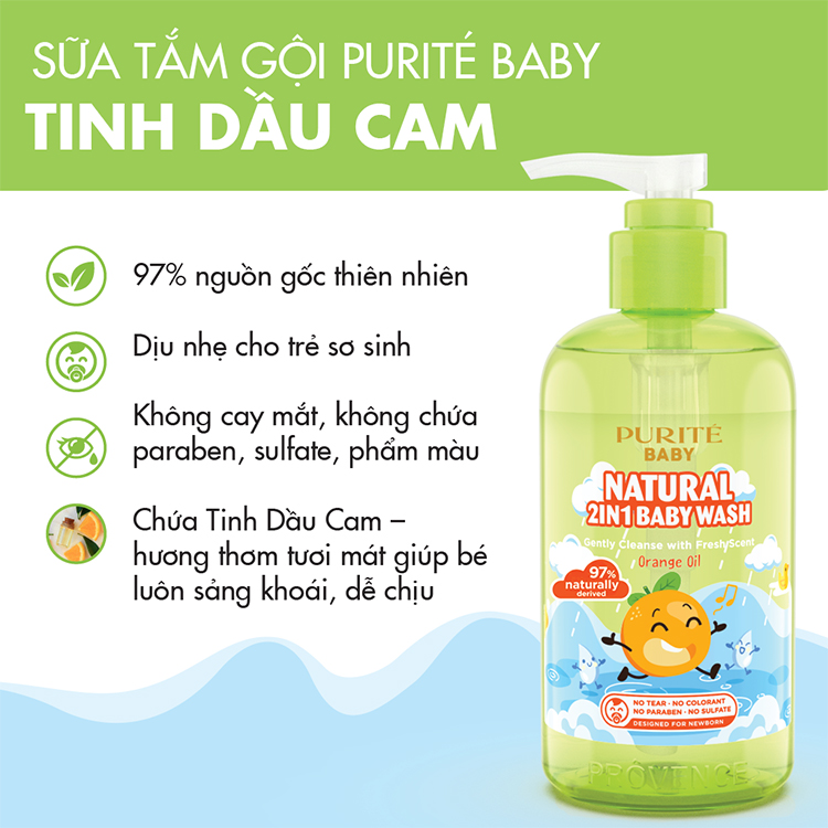Sữa Tắm Gội Purité Baby Tinh Dầu Cam  Natural 2in1 Baby Wash Orange Oil (250ml)