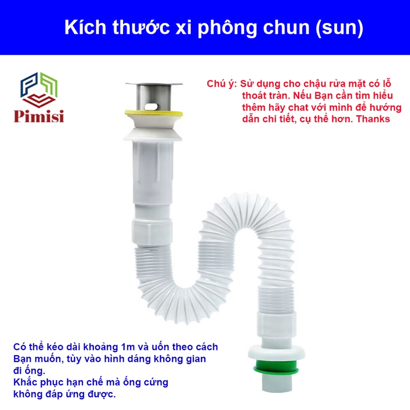 Kích thước xi phông chun (sun) kiểu ruột gà Pimisi