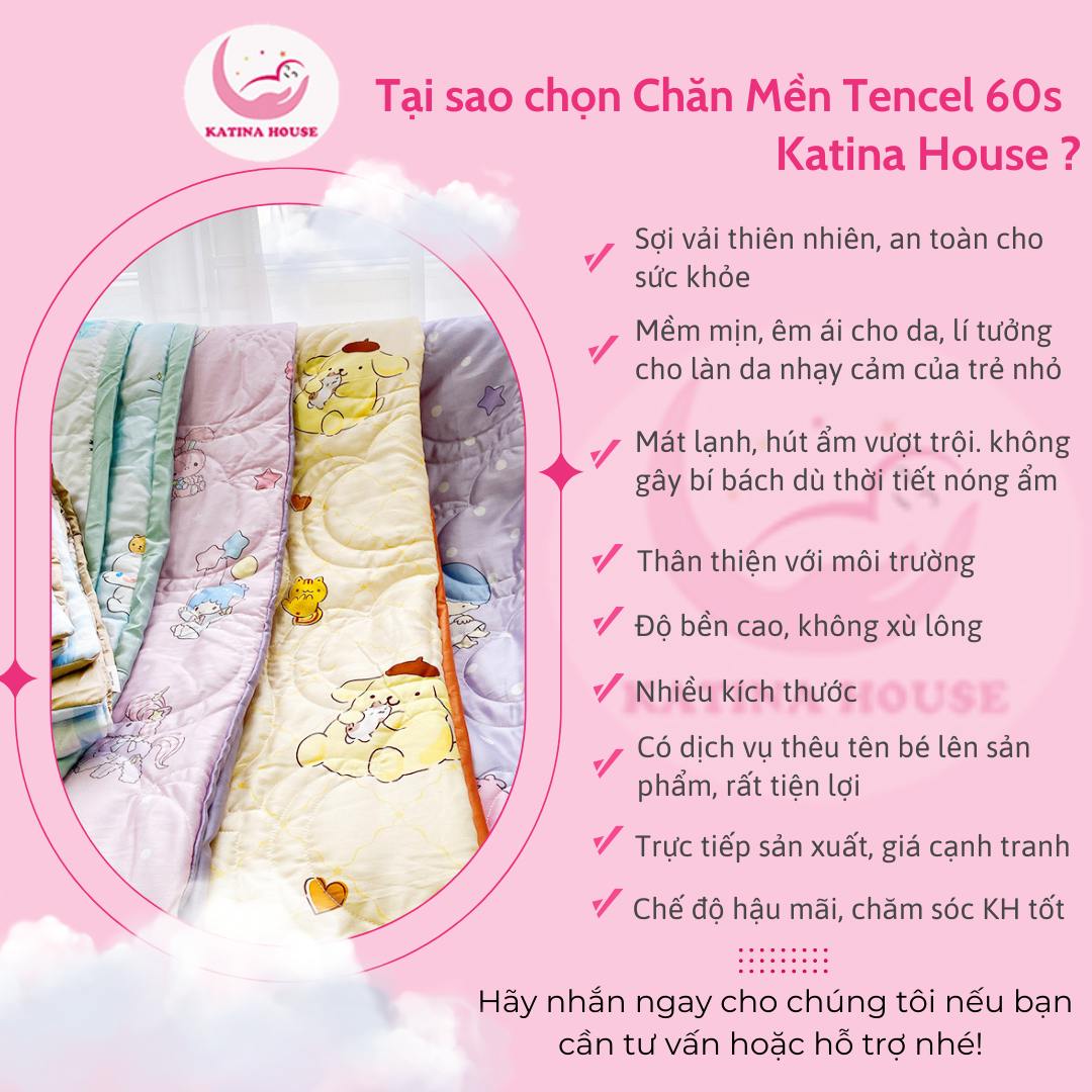 Chăn cho bé đi học Katina House 1m2x1m4, vải tencel 60s mềm mượt mát lạnh
