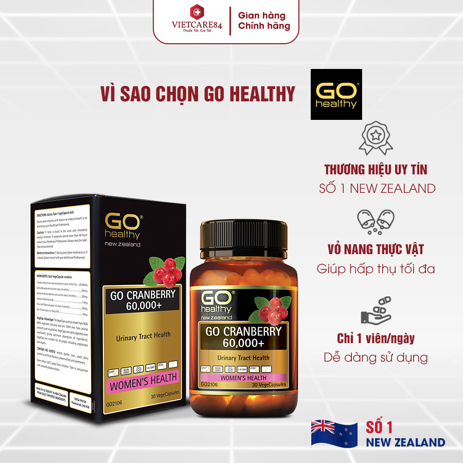 Viên uống viêm đường tiết niệu nhập khẩu chính hãng New Zealand GO CRANBERRY 60000+ (30 viên) hỗ trợ điều trị viêm đường tiết niệu, viêm phụ khoa, giảm tiểu buốt, tiểu dắt, tiểu đêm, khó đi tiểu