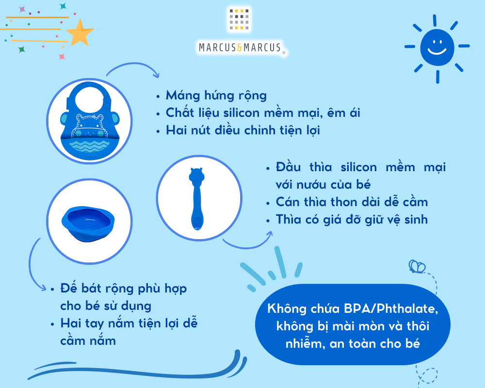 Bộ đồ dùng ăn dặm silicon Baby Marcus & Marcus, cho bé từ 6 tháng