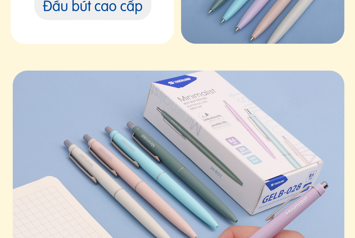 Combo 5/10/20 Bút gel B - Minimalist Butter Gel Thiên Long - Premium tip - Mực Xanh - Màu thân ngẫu nhiên