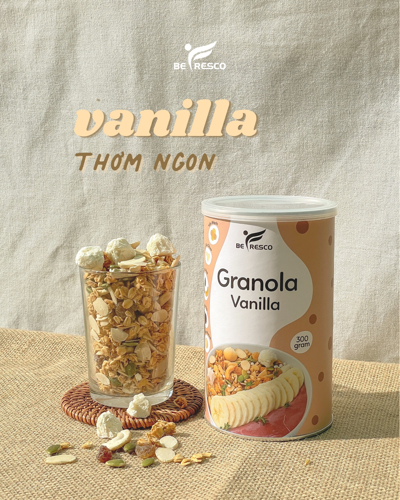 ngũ cốc ăn kiêng granola vanilla mix hạt, trái cây sấy befresco 1