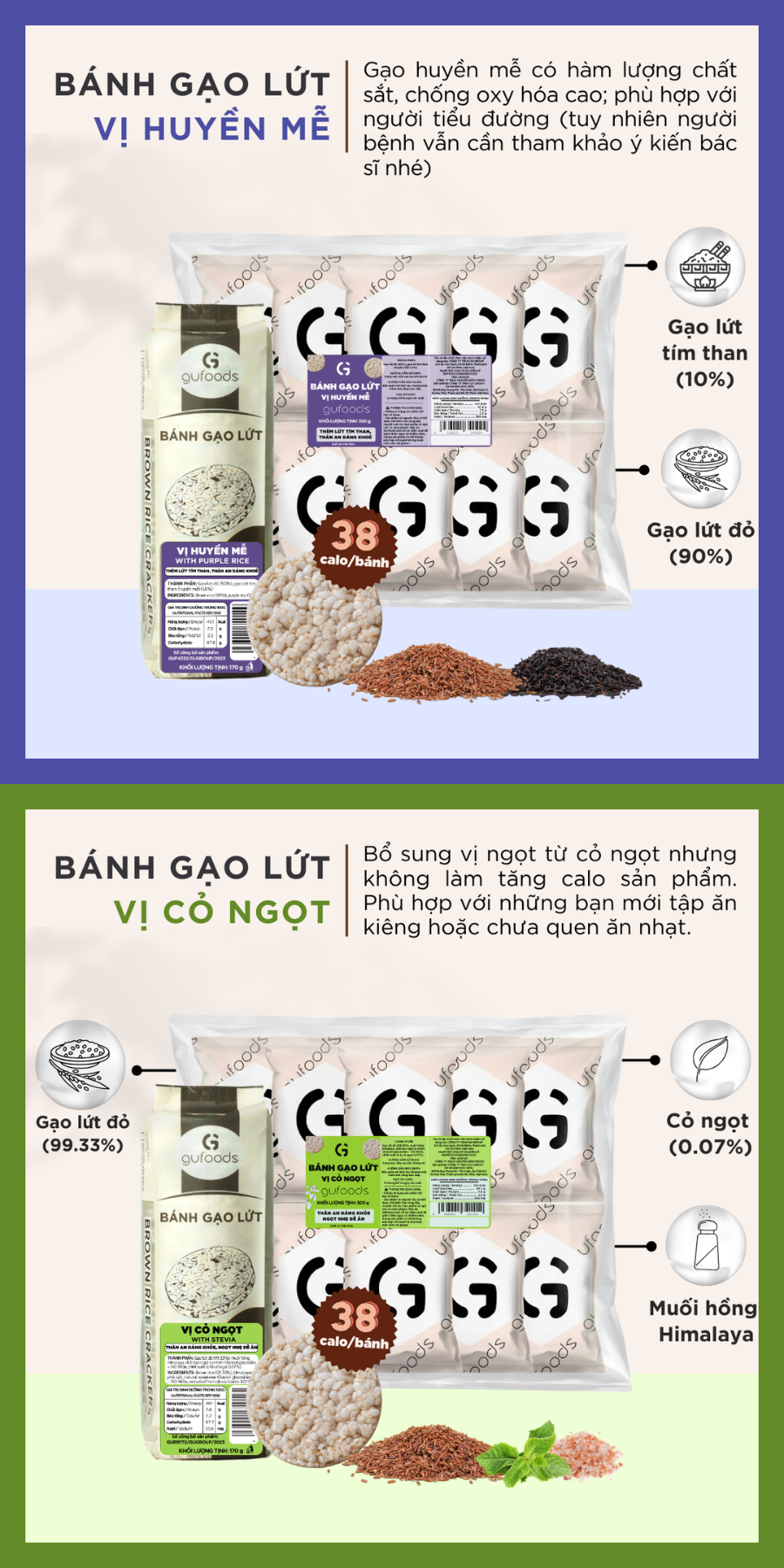 Bánh gạo lứt GUfoods (300g) - Không chiên dầu, Không đường, Từ gạo và ngũ cốc nguyên hạt, Lành mạnh, Phù hợp Eat clean, Ăn vặt healthy, Thực dưỡng, Tập gym, Thuần chay, Đa dạng hương vị