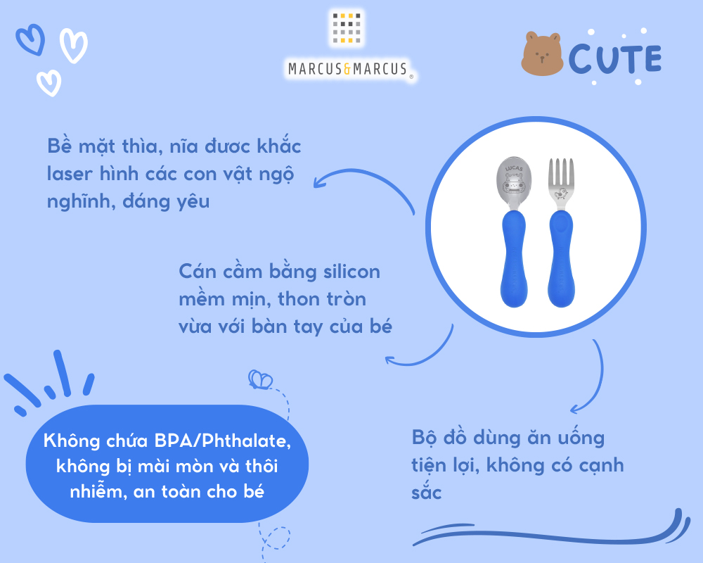Bộ thìa nĩa ăn dặm cho bé Easy Grip Marcus & Marcus, từ 3 tuổi