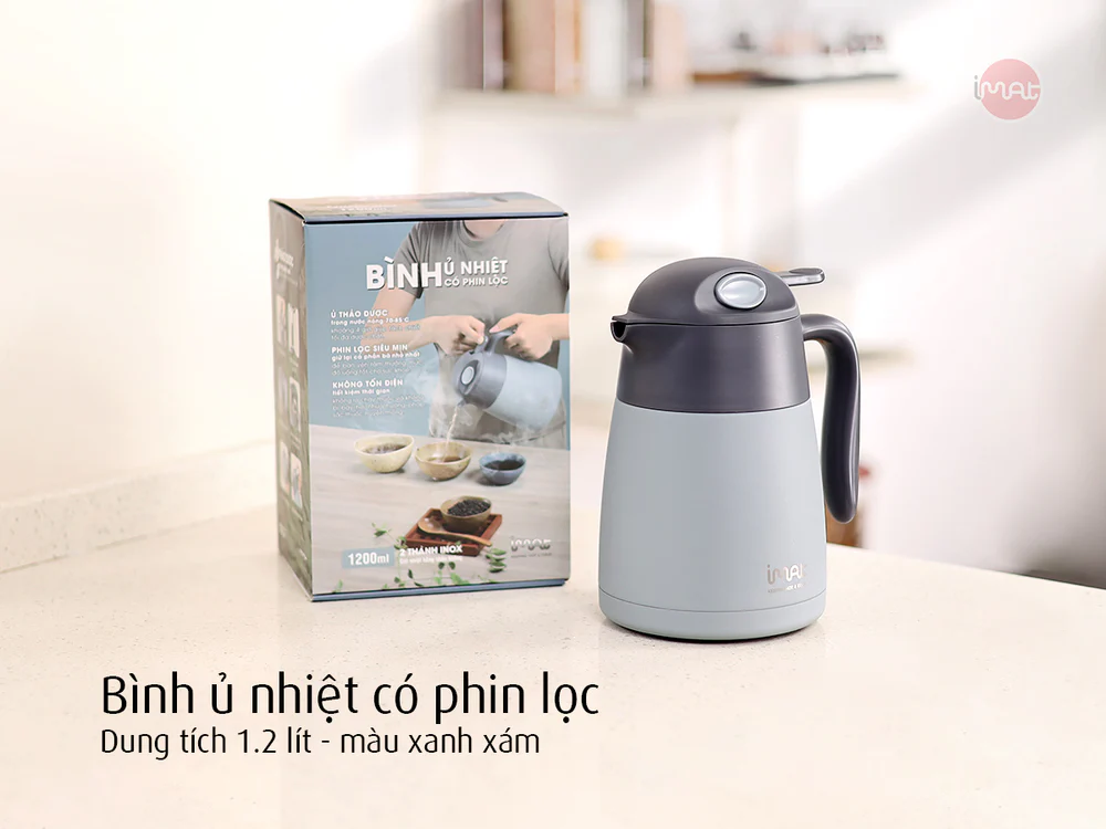 Bình ủ nhiệt iMat có phin lọc 1200ml màu xanh xám, ruột bình, phin lọc Inox 304