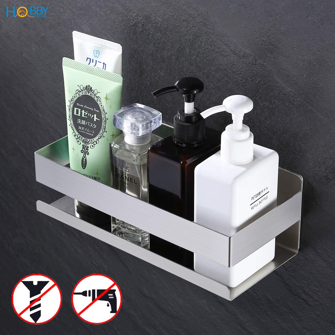 Kệ đựng đồ phòng tắm inox 304 xước dán tường Hobby home decor KCNX có keo dán