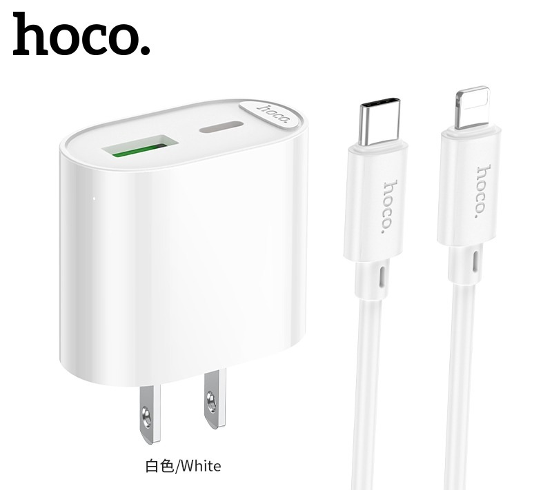 Bộ Sạc Nhanh Cho Iphone PD20W Hoco C80/C80A/C109 2 cổng Usb và Type-C kèm dây sạc Type-C sang iPhone 1M Sạc 0-50% Pin trong 30 phút - Hàng chính hãng