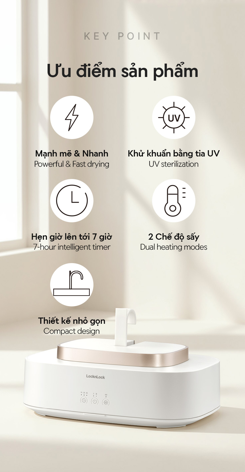 Máy Sấy Khử Khuẩn Quần Áo LocknLock Cloth Sterilizer Dryer END112IVY 600W, Hàng Chính Hãng - JoyMall