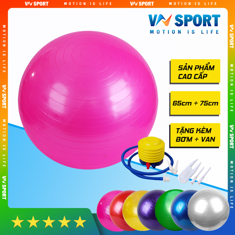 Bóng Tập Yoga Trơn Bóng VNS016, Bóng Tập Yoga 65cm Và 75cm Tặng Kèm Bơm Và Bộ Khóa Van Dự Phòng, Hàng Chính Hãng