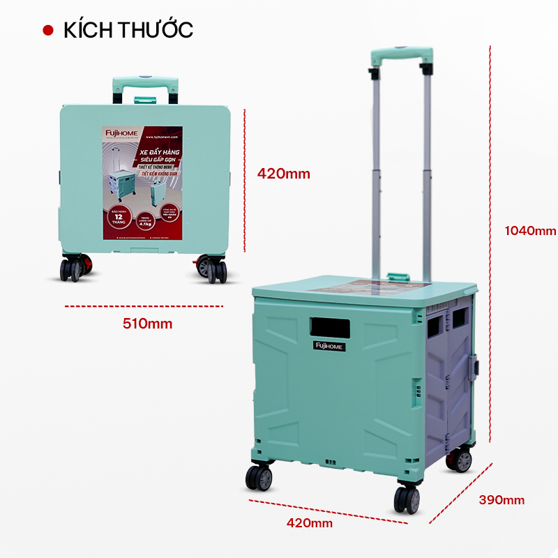 Xe kéo đi chợ siêu thị  65L xếp gọn nhập khẩu FUJIHOME ST250, bánh xe xoay 360 độ, xe đẩy hình hộp vali 65L xếp gọn đa năng- Hàng chính hãng