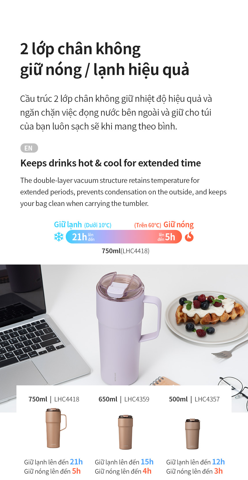 Ly giữ nhiệt 500ml LocknLock LHC4357 Metro Cafe Tumbler, Hàng chính hãng, Thép 304 không gỉ, có dây đeo tay - JoyMall