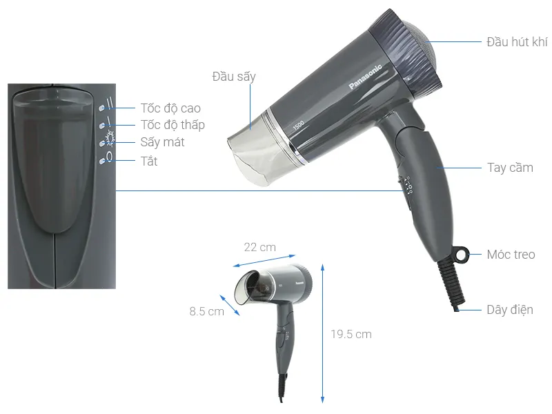Máy sấy tóc Panasonic EH-ND57-H645 (Màu Xám) – Công Suất 1500W - Hàng chính hãng - Bảo hành chính hãng 12 tháng, Chất lượng Nhật Bản