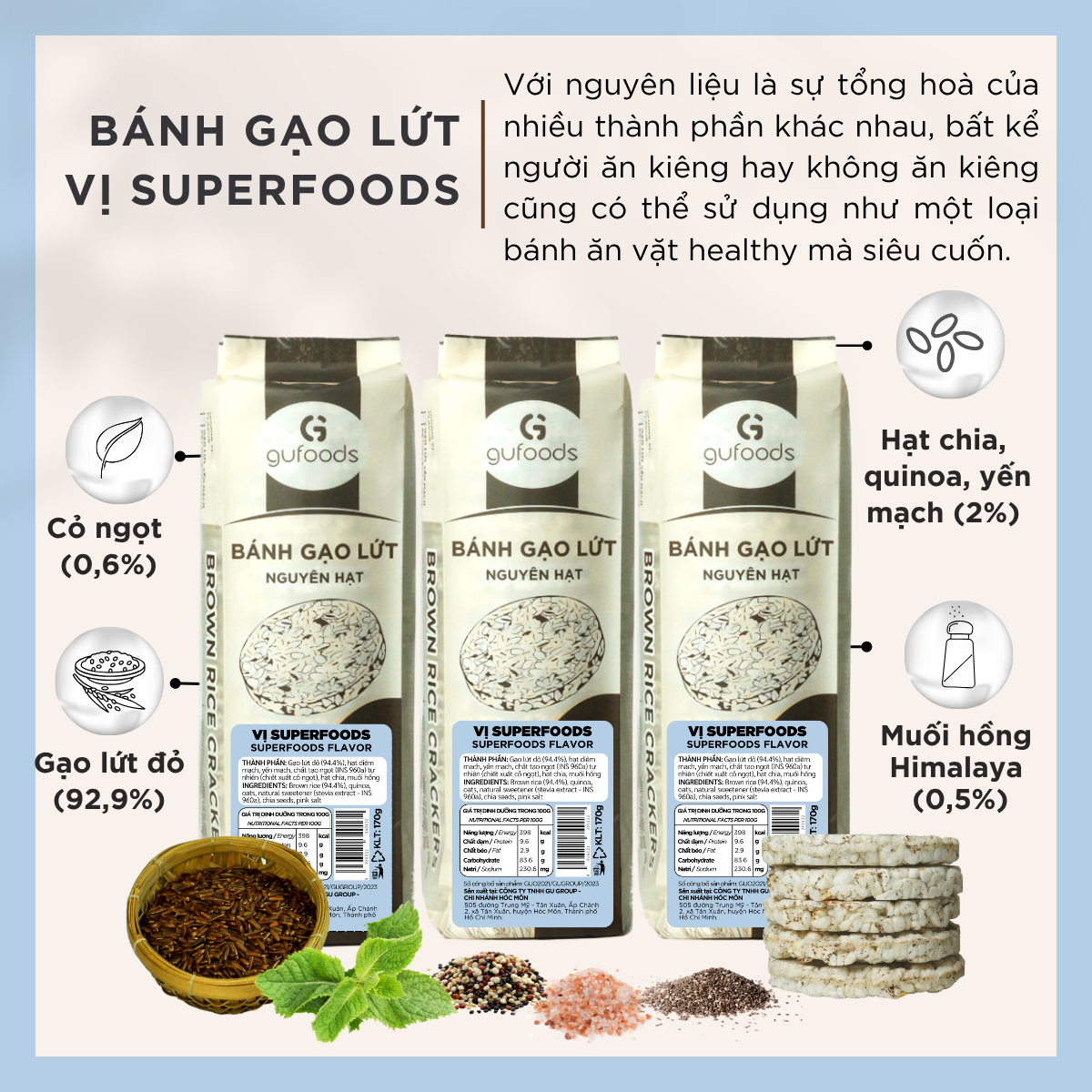 Bánh gạo lứt GUfoods (510g) - Không chiên dầu, Không đường, Từ gạo và ngũ cốc nguyên hạt, Lành mạnh, Phù hợp Eat clean, Ăn vặt healthy, Thực dưỡng, Tập gym, Thuần chay, Đa dạng hương vị