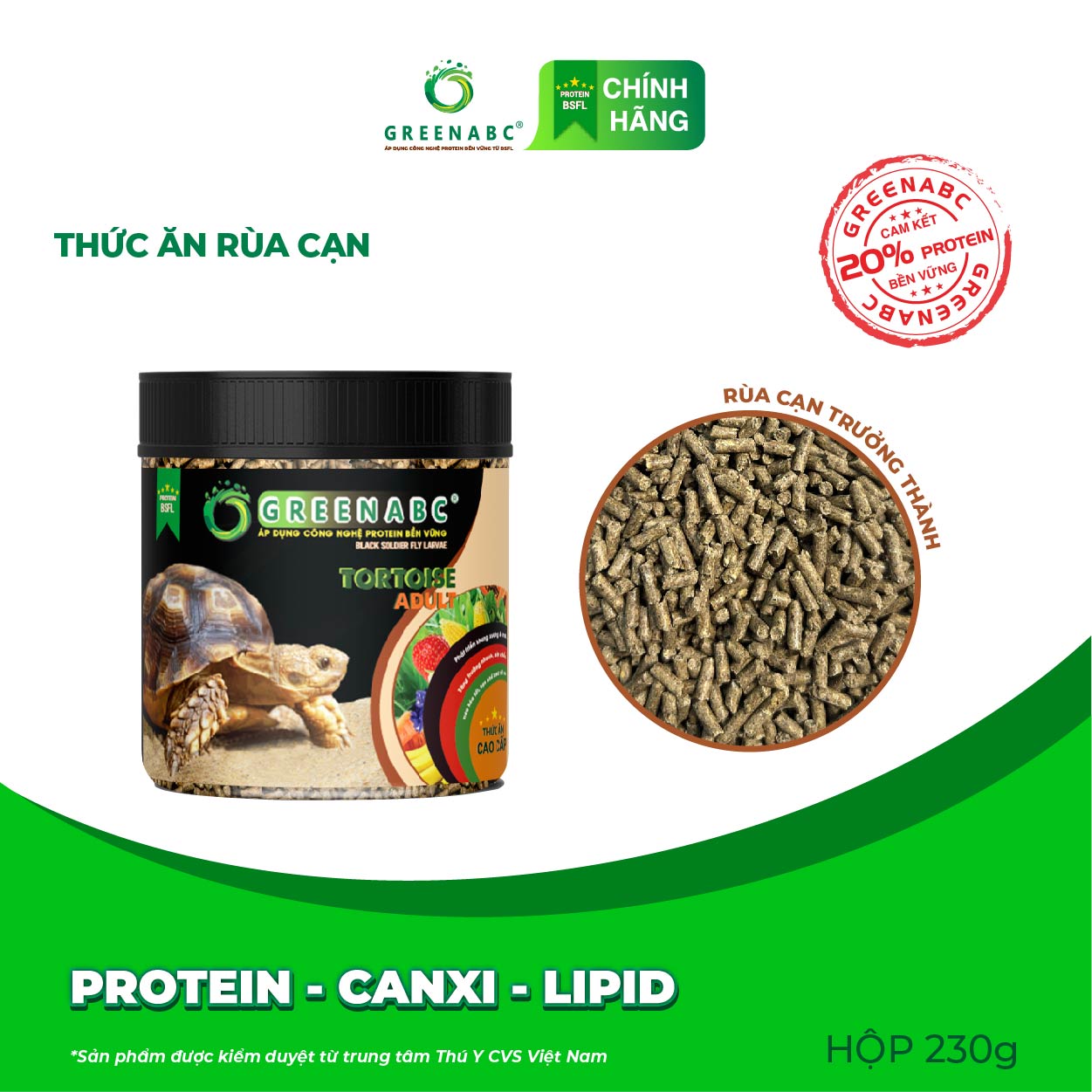 Thức ăn Rùa Cạn Sulcata, Tortoise GREENABC- Hạn chế urat , tăng size, mai xương chắc khỏe - Hộp 230g