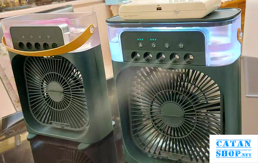 Quạt máy điều hòa hơi nước mini làm mát không khí 5 ô phun sương, 3 chế độ hẹn giờ thông minh, tích hợp đèn led 7 màu