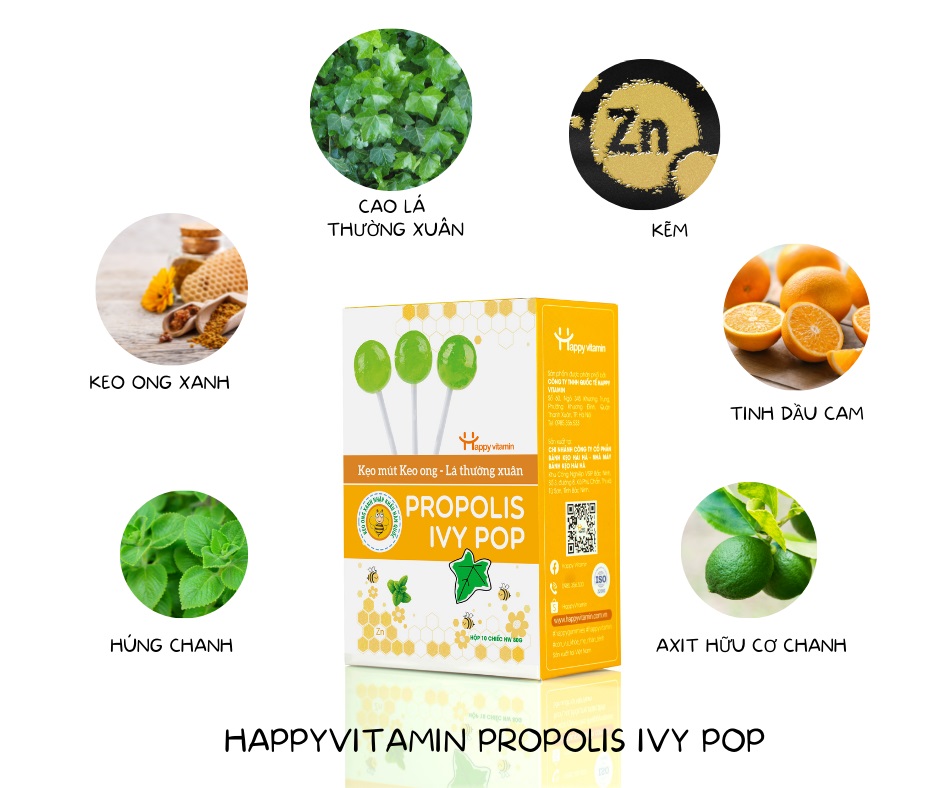 kẹo mút keo ong lá thường xuân happy vitamin hỗ trợ giảm ho dành cho trẻ 3