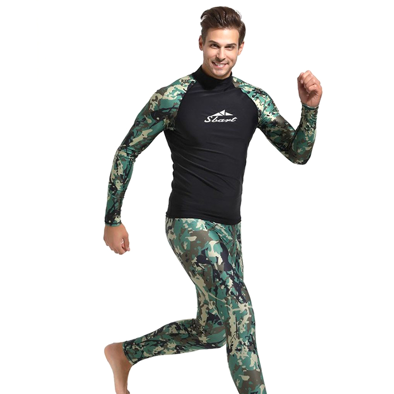 Men'S Split Long Sleeve Camouflage Wetsuit 2 Piece Set SpandexSwim Diving Surf Snorkeling Set