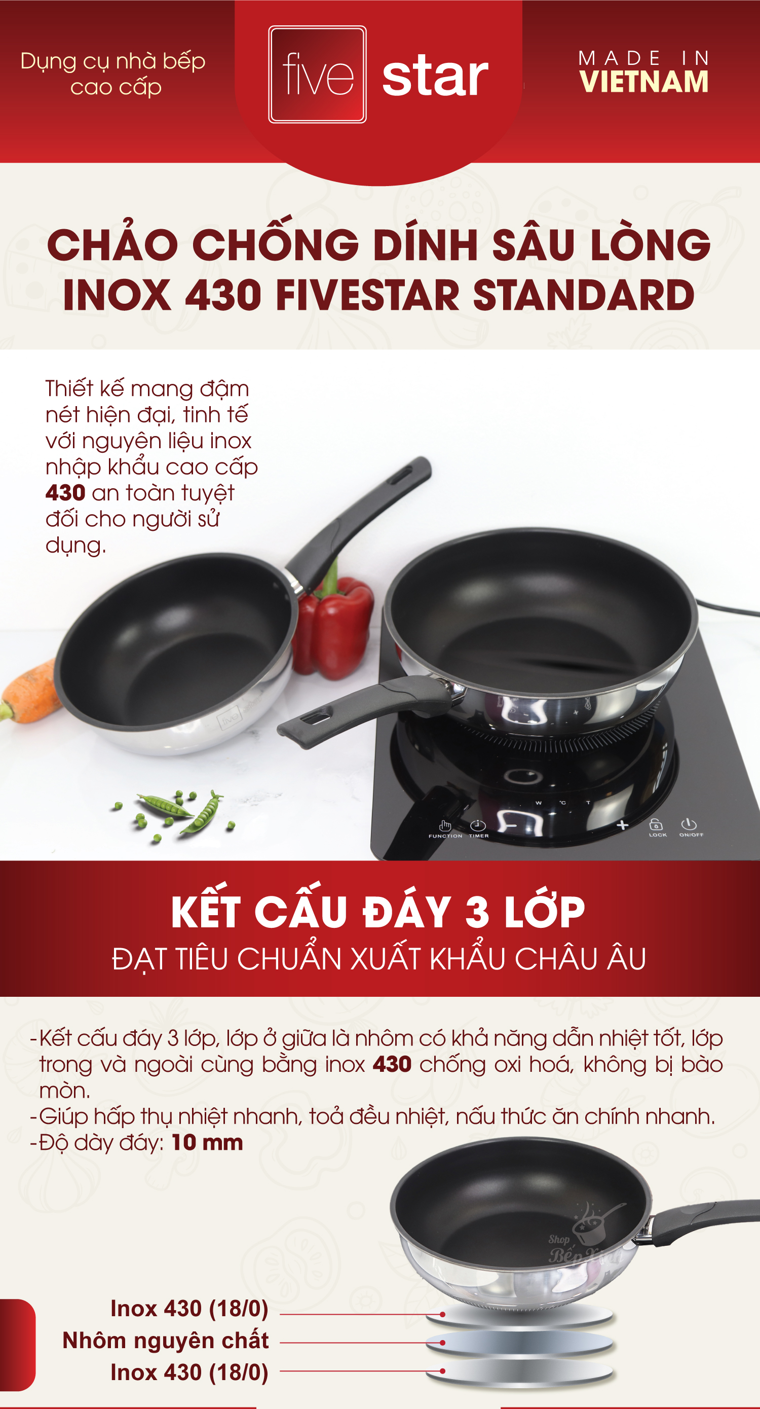Chảo inox chống dính sâu lòng cao cấp Fivestar 3 đáy từ , inox 430, tặng 1 sạn dừa