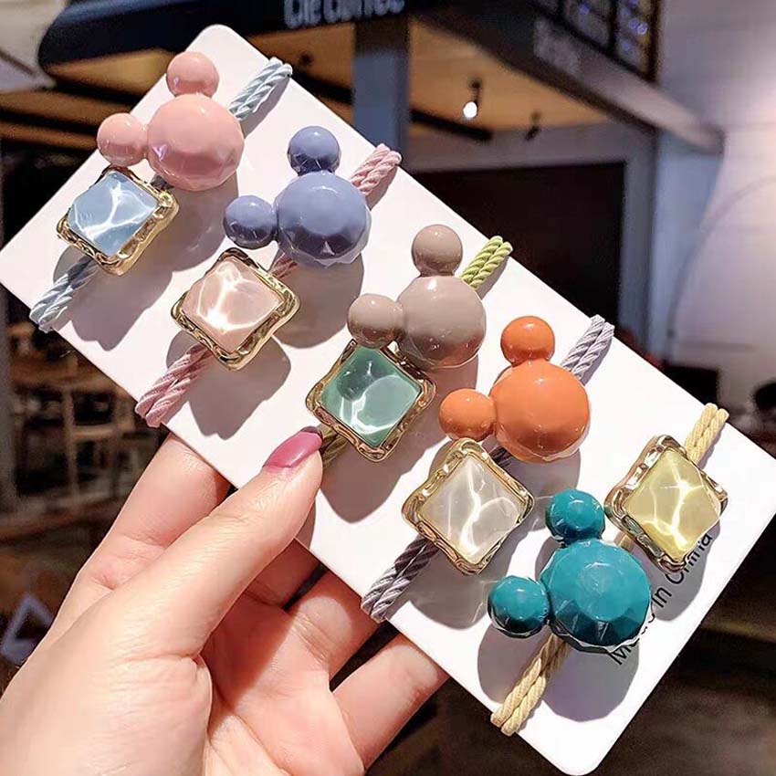 Dây buộc tóc nữ hình gấu đính đá vuông [Set 5 dây] NASI bền đẹp phong cách hàn quốc thun cột tóc nữ co giãn tốt phụ kiện tóc