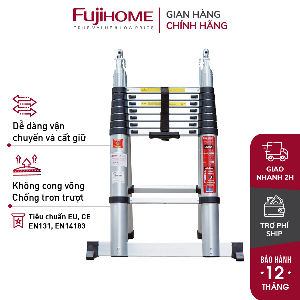 Thang nhôm rút gọn chữ A  FUJIHOME TLA08 ( Chiều cao chữ A  2,5m - Cao chữ I 5m, Khóa an toàn, đế chống trượt) Hàng Chính hãng