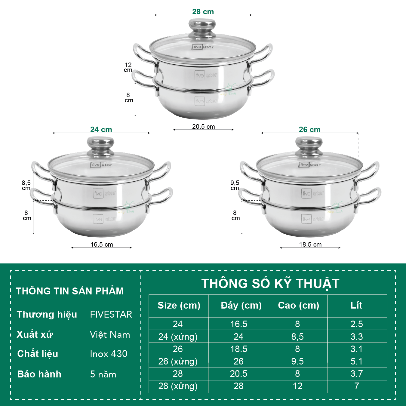 Nồi lẩu xửng hấp FIVESTAR 3 đáy từ nắp kính , tặng 1 vá canh 20cm | 24cm | 26cm | 28cm