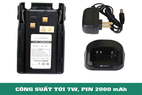 Pin bộ Đàm A2 là một thế mạnh với công suất pin lên tới 2000mAh cho bộ đàm hoạt động cả ngày không cần xạc pin.Công suất bộ đàm 7w giúp bộ đàm hoạt động tốt trong khoảng cách xa