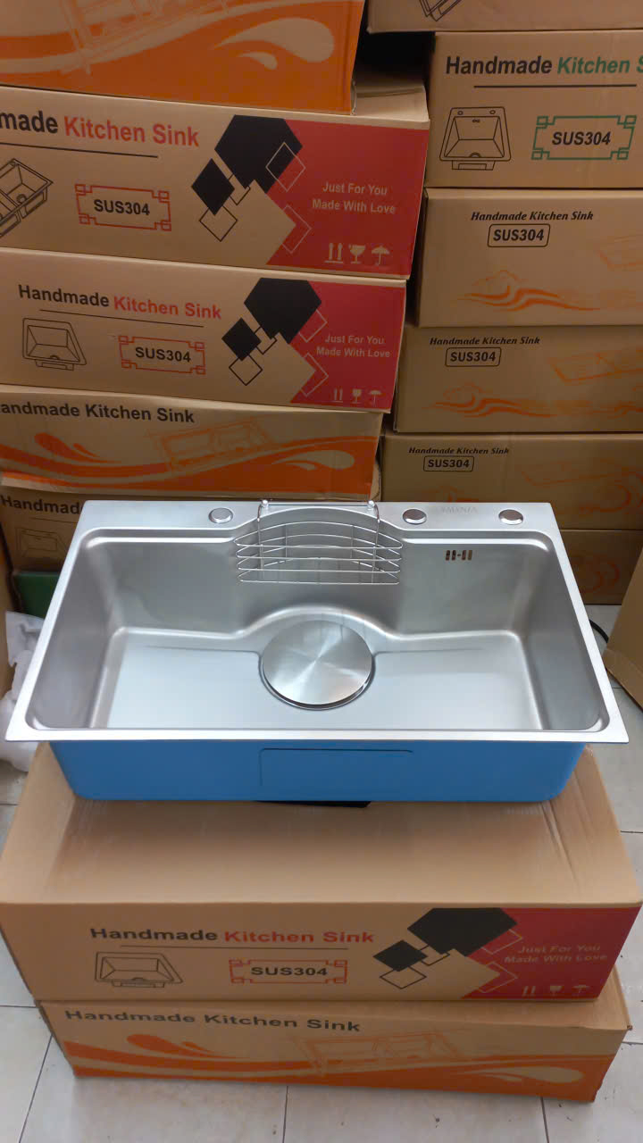 Chậu rửa bát inox304 bán nguyệt 5li chống xước 7546 Valenza, vòi rửa bát rút dây nóng lạnh 01, bộ xả 18cm, khay inox, rổ inox lỗ, bình rửa bát, rửa ly cốc