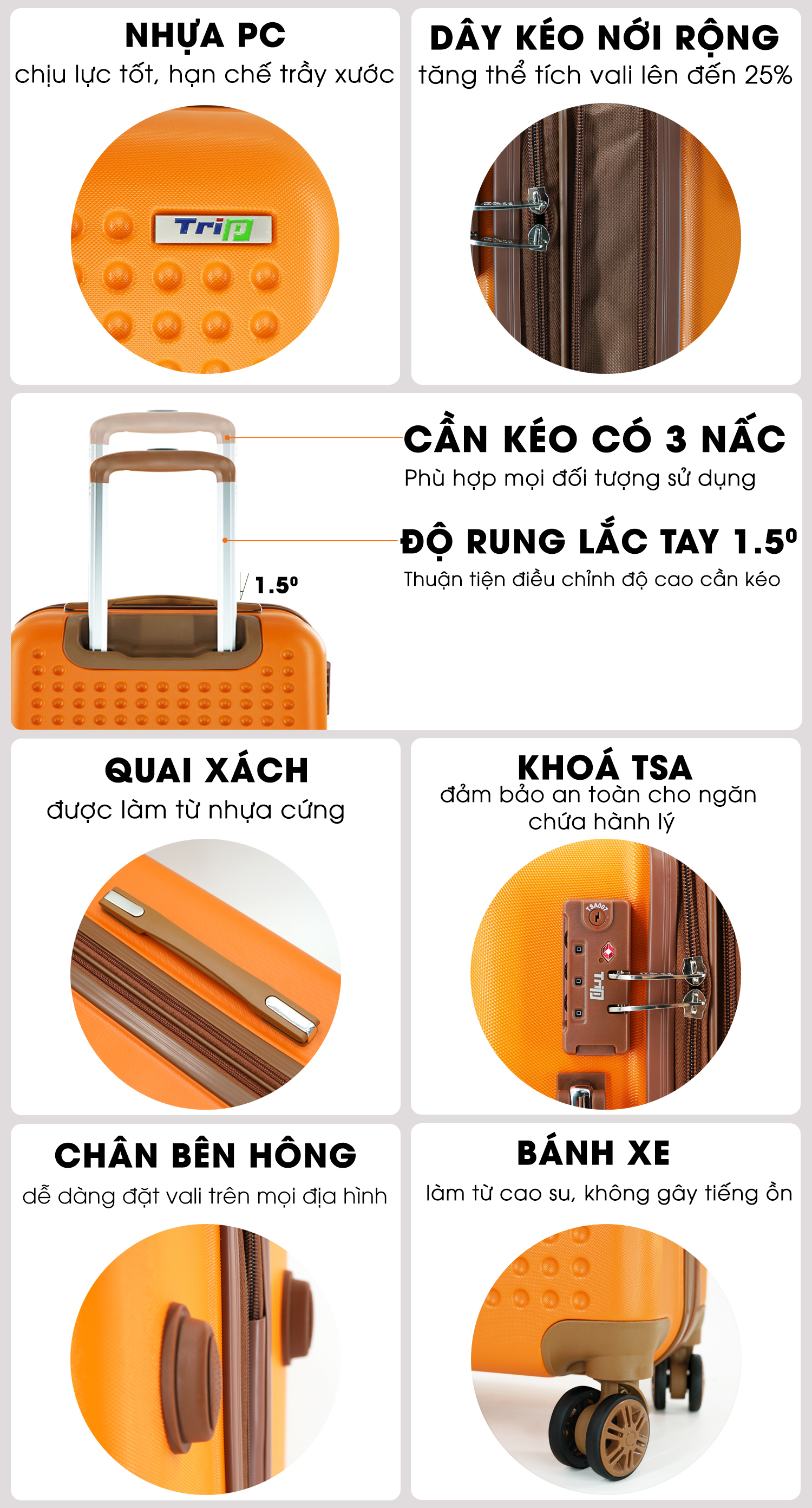 TẶNG TÚI ĐỰNG GIÀY + THẺ TAG - Vali kéo TRIP P803A có dây kéo mở rộng size 20inch nhựa PC - Bảo hành 5 năm - Hàng chính hãng