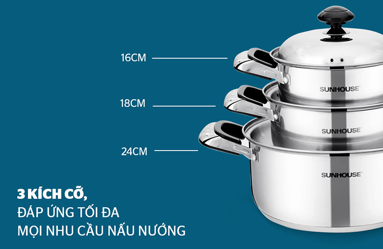 Bộ 3 Nồi Inox 3 Đáy Bếp Từ Sunhouse SH333 (16cm, 18cm, 24cm) Bộ 3 Nồi Inox 3 Đáy Bếp Từ Sunhouse SH333 (16cm, 18cm, 24cm)