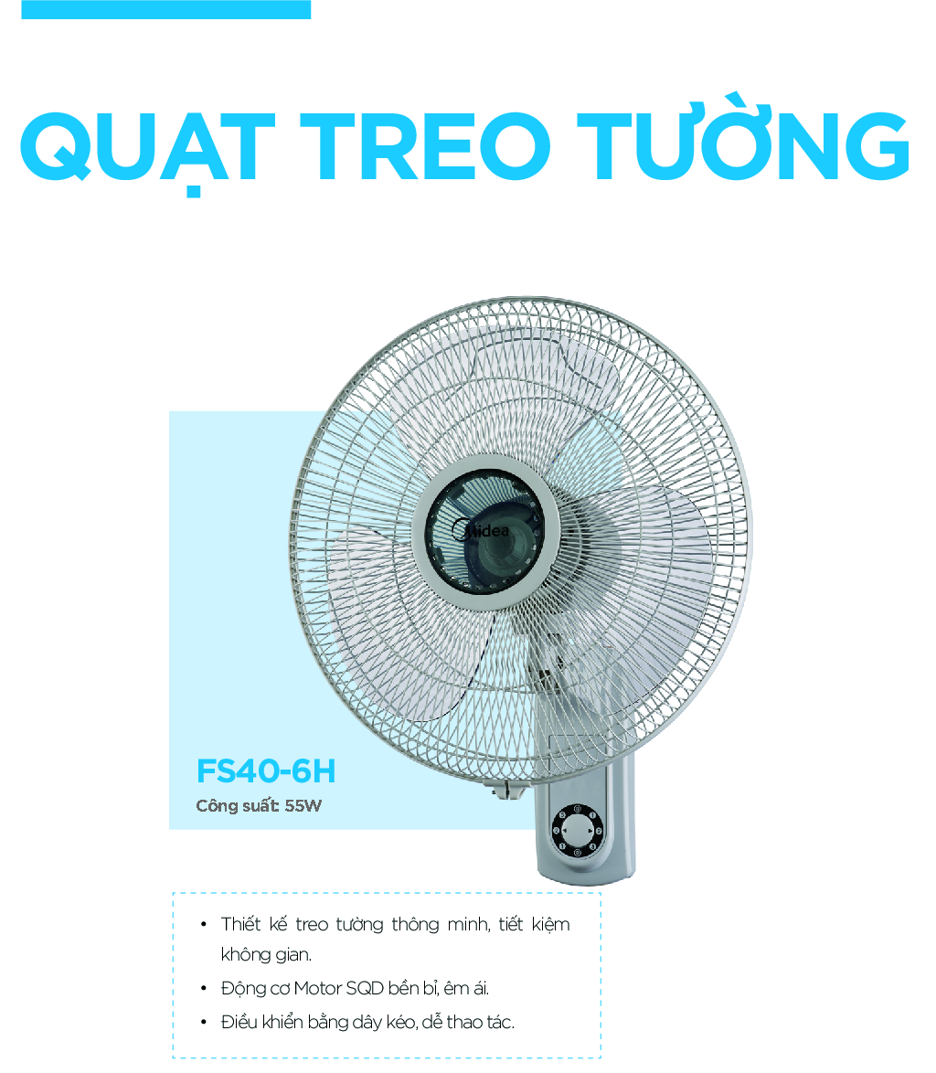 Quạt Treo Tường 3 Cánh Midea FW40-6H (Công Suất 55W - 3 Cấp Gió) - Hàng Chính Hãng
