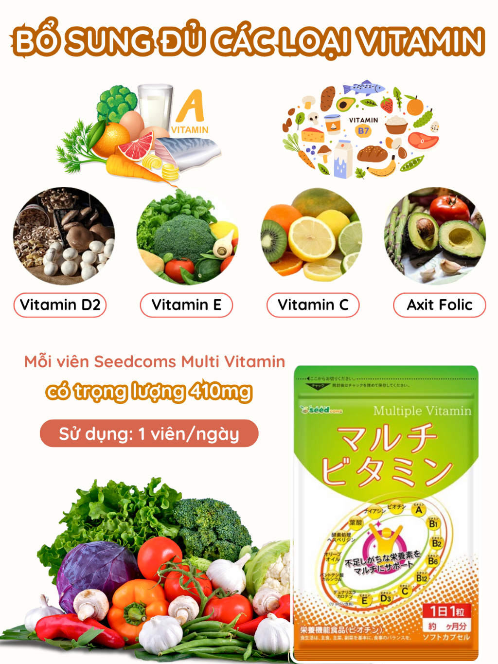 Combo Viên Uống Bổ Sung Vitamin C, E, D, B Vitamin Tổng Hợp Và Khoáng Chất Seedcoms Nhật Bản