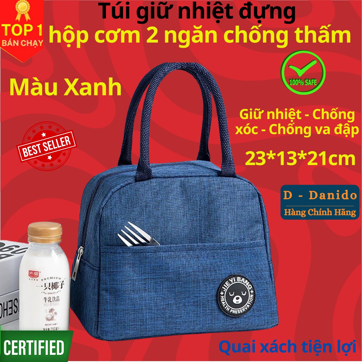 Túi giữ nhiệt đựng hộp cơm 2 ngăn cao cấp - Túi giữ nhiệt đựng cặp lồng cơm chống thấm nước chính hãng D Danido