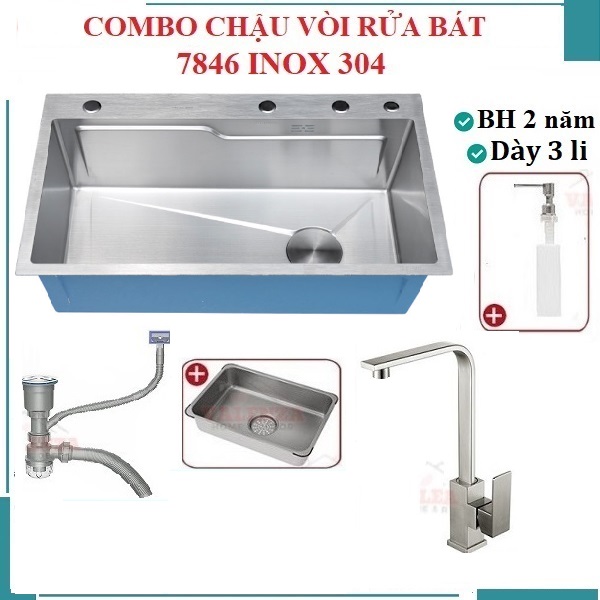 Combo chậu rửa chén bát 1 hố lớn Valenza 7846 inox sus304 chuẩn 100% kèm vòi rửa bát dáng Vuông Valenza sus304, bộ xả to ngăn mùi, khay inox kín-TẶNG BÌNH NƯỚC RỬA CHÉN