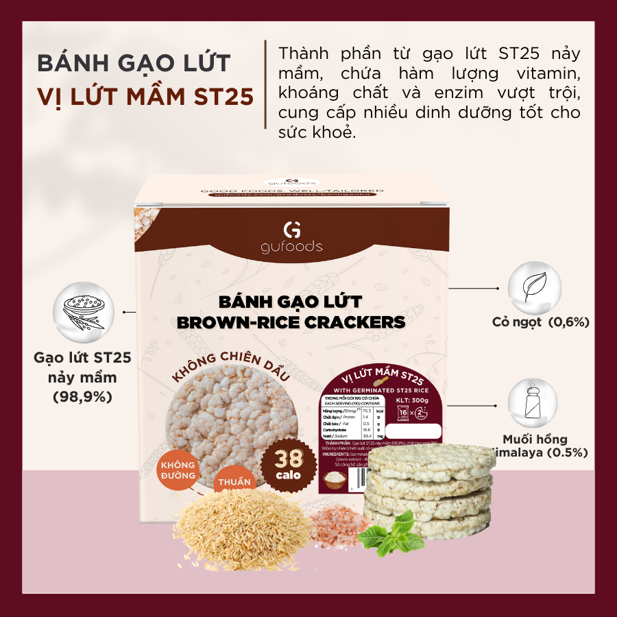 Bánh gạo lứt GUfoods (300g) - Không chiên dầu, Không đường, Từ gạo và ngũ cốc nguyên hạt, Lành mạnh, Phù hợp Eat clean, Ăn vặt healthy, Thực dưỡng, Tập gym, Thuần chay, Đa dạng hương vị