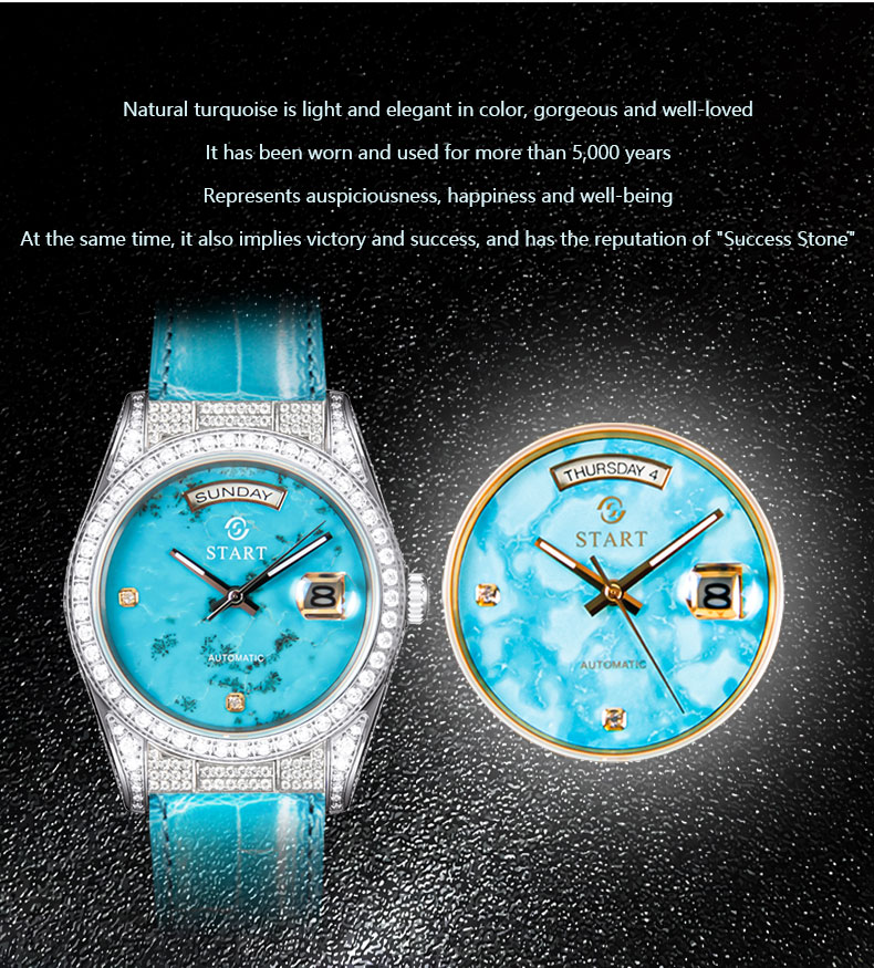 【START】Đồng hồ nam đá ngọc lam tự nhiên（Turquoise）đồng hồ kim cương chức năng hiển thị thứ ngày  đồng hồ cơ tự động dây da cá sấu Khóa bướm