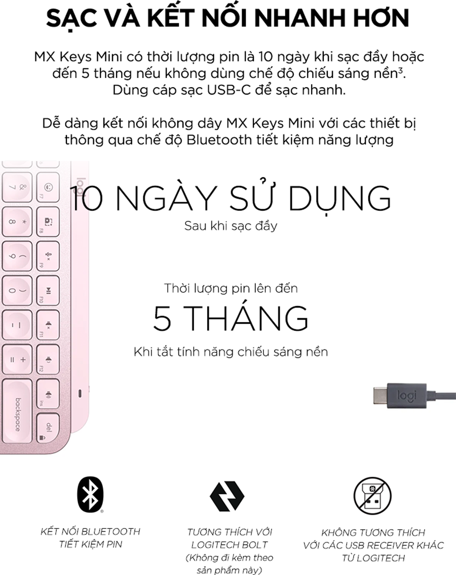 Bàn phím không dây Bluetooth Logitech MX Keys Mini - Hàng Chính Hãng