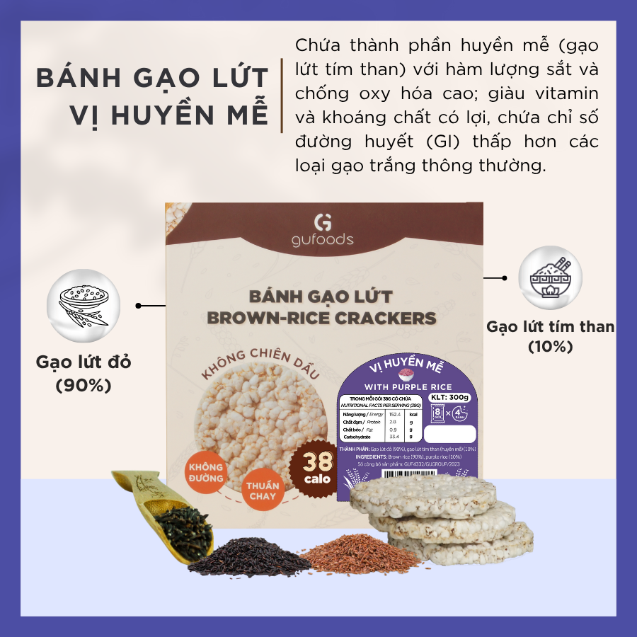 Bánh gạo lứt GUfoods (300g) - Không chiên dầu, Không đường, Từ gạo và ngũ cốc nguyên hạt, Lành mạnh, Phù hợp Eat clean, Ăn vặt healthy, Thực dưỡng, Tập gym, Thuần chay, Đa dạng hương vị