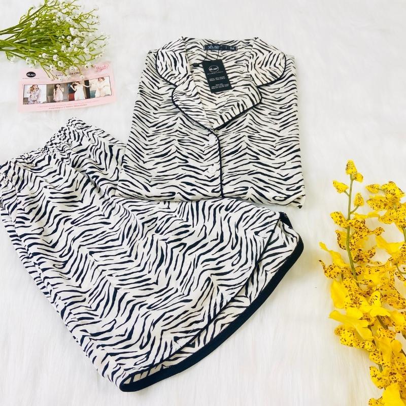 Đồ bộ mặc nhà nữ Pijama lụa VILADY - B136 kiểu đồ bộ ngắn họa tiết vằn đen siêu dễ thương, chất liệu lụa Pháp ( lụa latin)