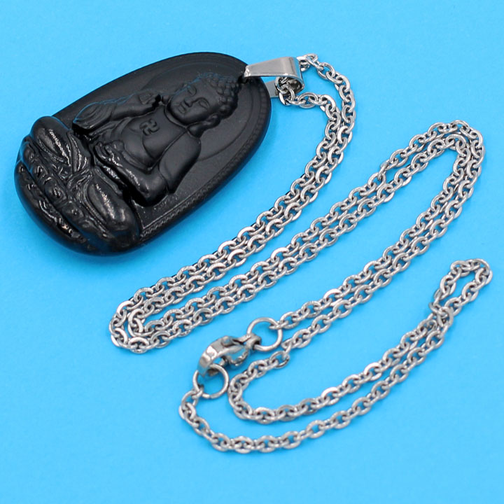 Vòng cổ mặt Phật A Di Đà - thạch anh đen 3.6cm DITTEB7 - dây inox bạc - kèm hộp nhung - tuổi Tuất, Hợi